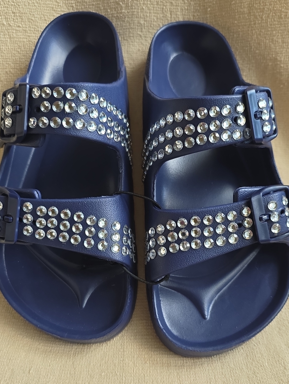 Navy Blue Rhinestone Double-Strap Slide Sandals